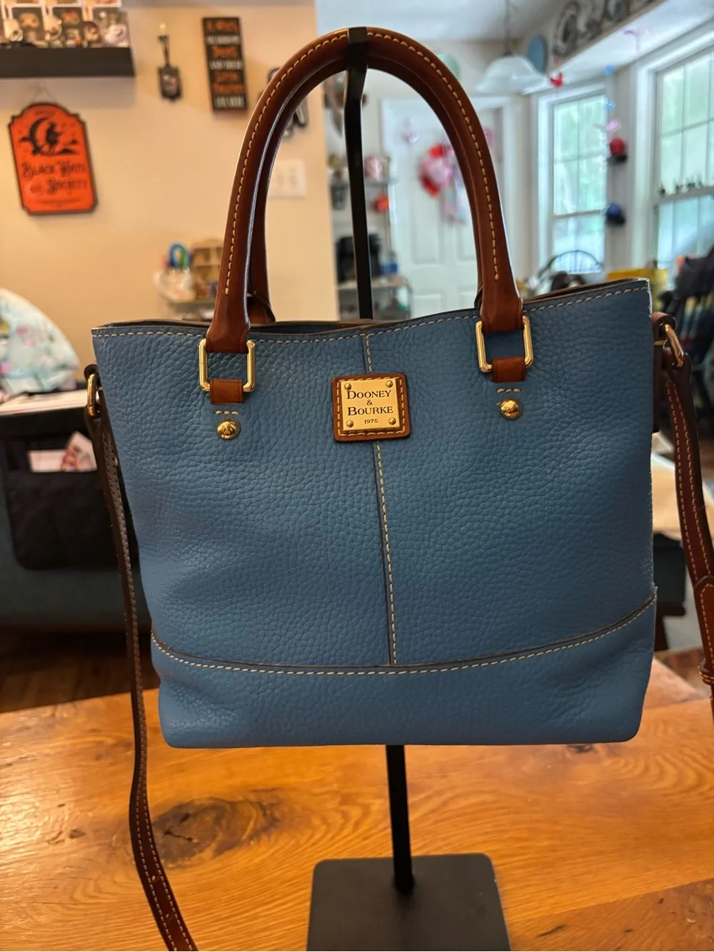 Dooney & Bourke Pebble Leather Satchel -Blue with  Brown Handles